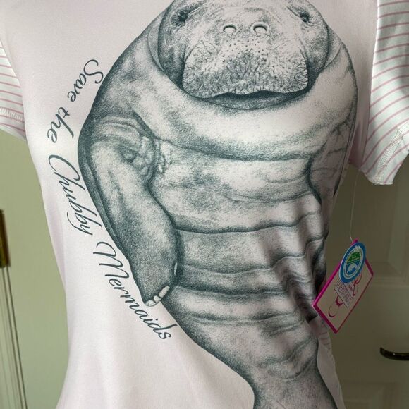 CHUBBY MERMAID " Save The Manatees" Junior Medium Pink  Top - Picture 2 of 7